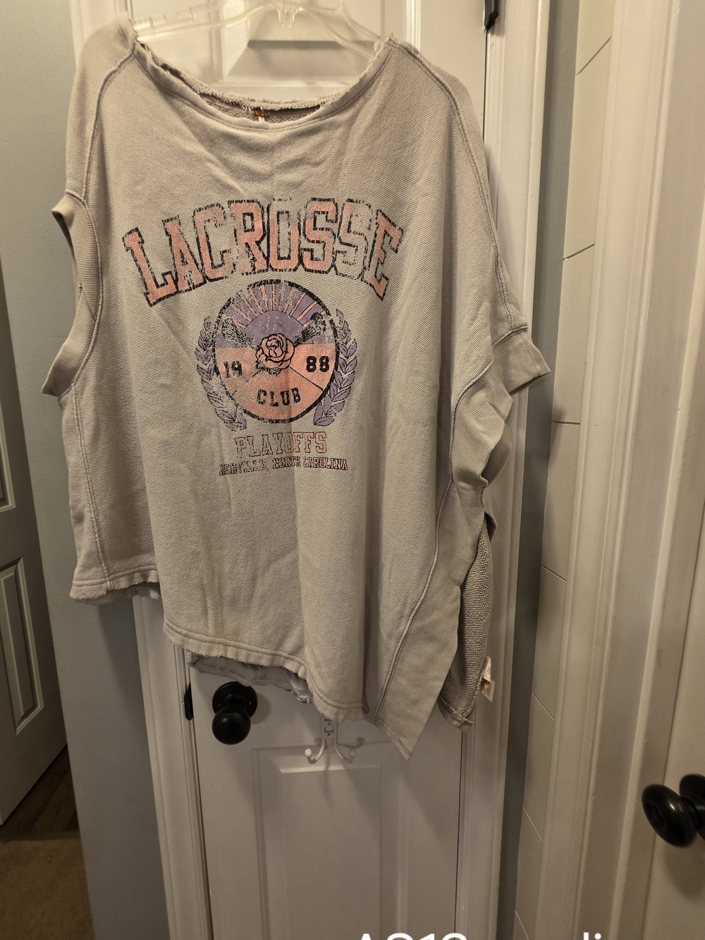 Free People Cream Pullover Sweatshirt with Pink & Purple Lacrosse Graphic